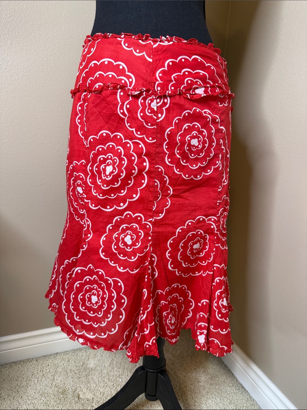 Odille Anthropologie Red Floral Midi Skirt - Flared Hem